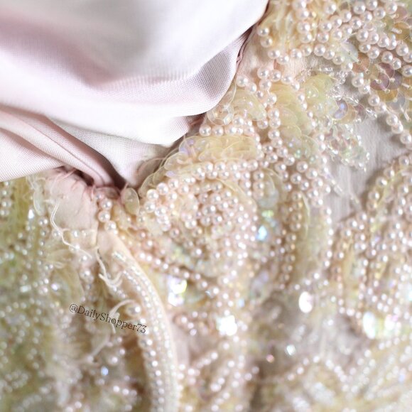 Handmade Women's Pastel Pink Sequin & Bead Satin Chiffon Handkerchief Hem Dress - Picture 9 of 10